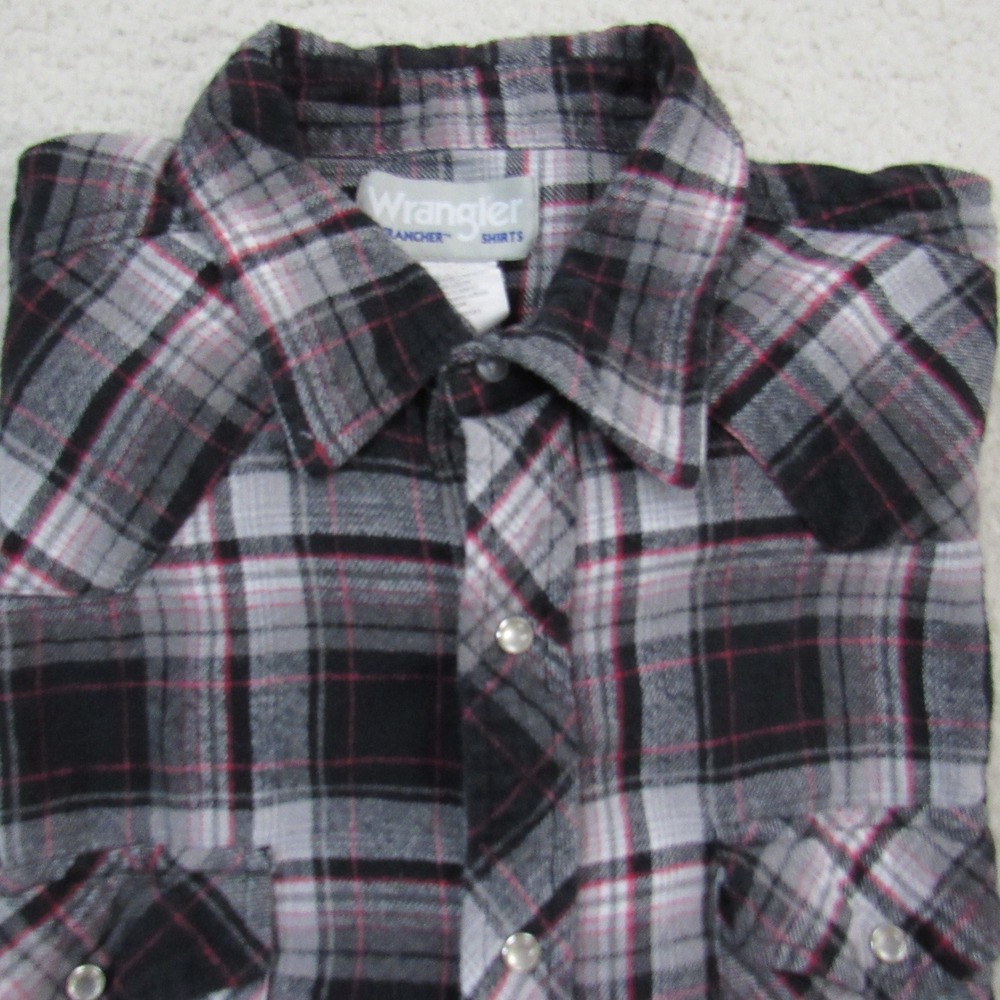 Wrangler Wrancher Shirt Mens‎ Large Flannel Pearl Snap Western Plaid Black Gray